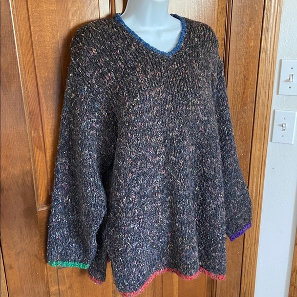 MODA INTERNATIONAL chunky knit V-neck multi-colored contrasting trim Large - Picture 2 of 8